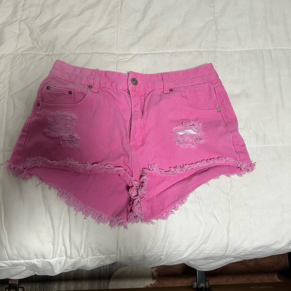 SHEIN Pink Jean Shorts Distressed Ripped